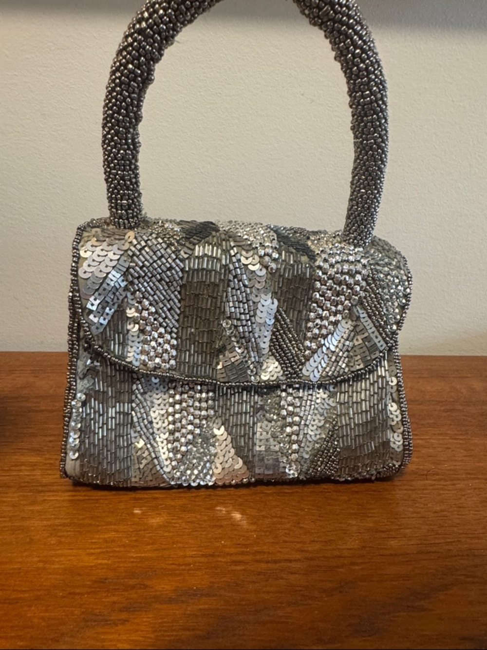 Anthropologie Silver Beaded Mini Top-Handle Bag